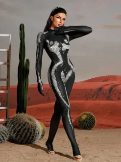 Jumpsuits & Romper|Embellishment*Embellishment Radek Body Printed Rhinestone Gloves Jumpsuit In Silver
