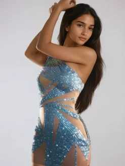Dresses|Mini Dresses*Jiu Bajia O/S Radka One Shoulder Crystal Mesh Mini Dress