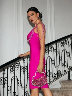 Dresses|Midi Dresses*Bandage Rainey Crystal Midi Dress In Hot Pink