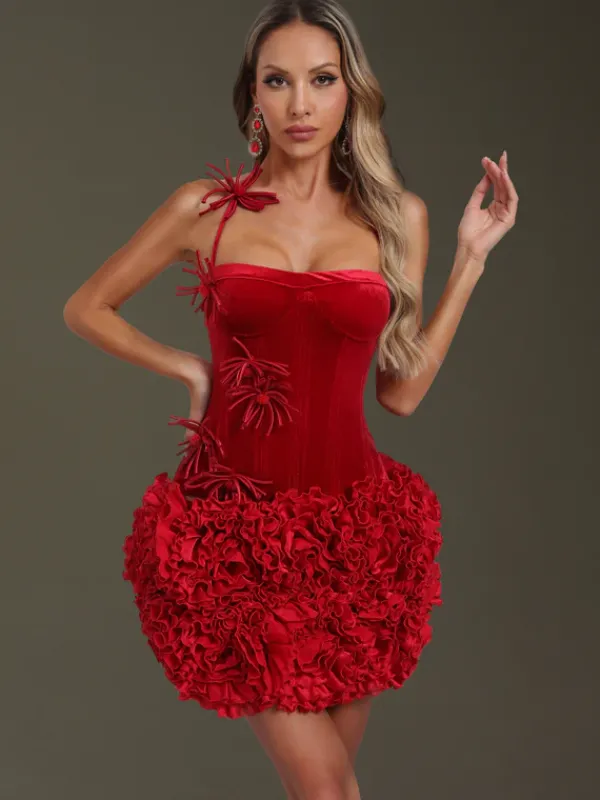 Dresses|Mini Dresses*Mew Mews Fashion Ramla Flower Velvet Ruched Mini Dress