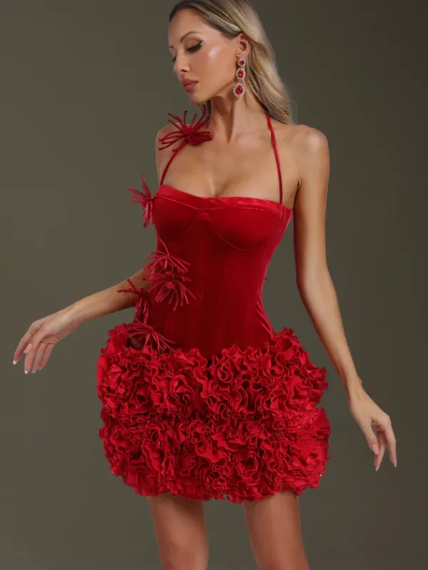 Dresses|Mini Dresses*Mew Mews Fashion Ramla Flower Velvet Ruched Mini Dress