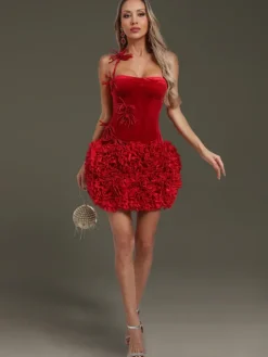 Dresses|Mini Dresses*Mew Mews Fashion Ramla Flower Velvet Ruched Mini Dress