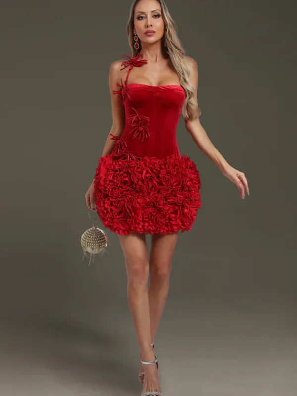 Dresses|Mini Dresses*Mew Mews Fashion Ramla Flower Velvet Ruched Mini Dress