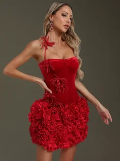 Dresses|Mini Dresses*Mew Mews Fashion Ramla Flower Velvet Ruched Mini Dress