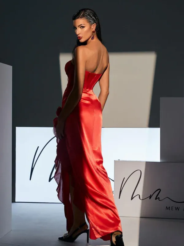 Dresses|Maxi Dresses*Mew Mews Fashion Raoul Strapless Lace Tulle Maxi Dress In Red