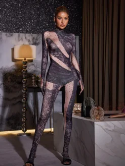 Jumpsuits & Romper|Embellishment*Nuo Fansi Reece Rhinestone Printed Gloves Jumpsuit