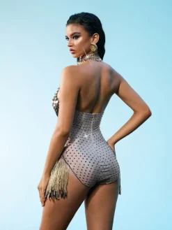 Bodysuits|Tops*Embellishment O/S Rei Halterneck Embellished Fringe Bodysuit