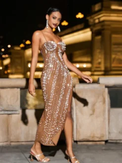 Dresses|Maxi Dresses*Mew Mews Fashion Reinel Pearl Embellished Mesh Dress In Brown