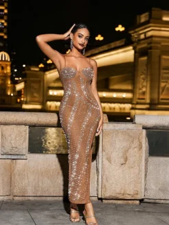 Dresses|Maxi Dresses*Mew Mews Fashion Reinel Pearl Embellished Mesh Dress In Brown