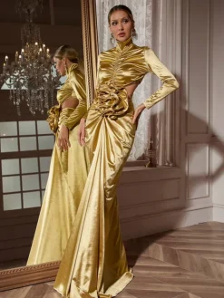 Maxi Dresses|Dresses*Mew Mews Fashion Renwick Long Sleeve Flower Cutout Maxi Dress In Gold
