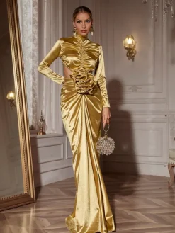 Maxi Dresses|Dresses*Mew Mews Fashion Renwick Long Sleeve Flower Cutout Maxi Dress In Gold