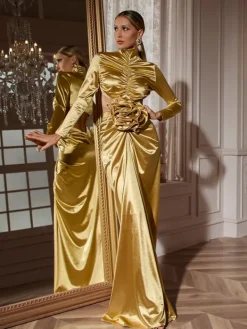 Maxi Dresses|Dresses*Mew Mews Fashion Renwick Long Sleeve Flower Cutout Maxi Dress In Gold