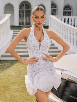 Embellishment|Dresses*Lu Yili Rhydian Halterneck Pearl Flower Mini Dress