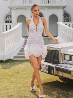 Embellishment|Dresses*Lu Yili Rhydian Halterneck Pearl Flower Mini Dress