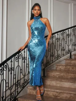 Dresses|Midi Dresses*Mew Mews Fashion Riddhi Halterneck Sequin Midi Dress In Blue