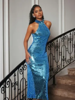 Dresses|Midi Dresses*Mew Mews Fashion Riddhi Halterneck Sequin Midi Dress In Blue