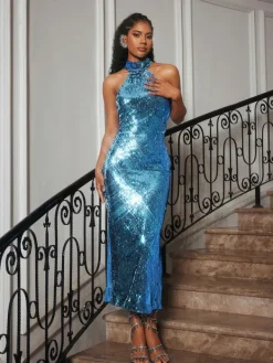 Dresses|Midi Dresses*Mew Mews Fashion Riddhi Halterneck Sequin Midi Dress In Blue