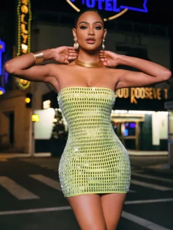 Dresses|Mini Dresses*Mew Mews Fashion Ridley Rhinestone Mesh Mini Dress In Green