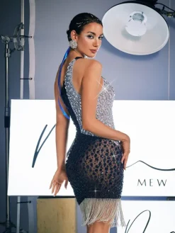 Embellishment|Dresses*Embellishment Riggs One Shoulder Rhinestone Fringe Mini Dress