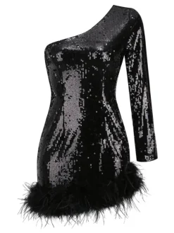 Dresses|Mini Dresses*Mew Mews Fashion Romy One Shoulder Sequin Feather Mini Dress