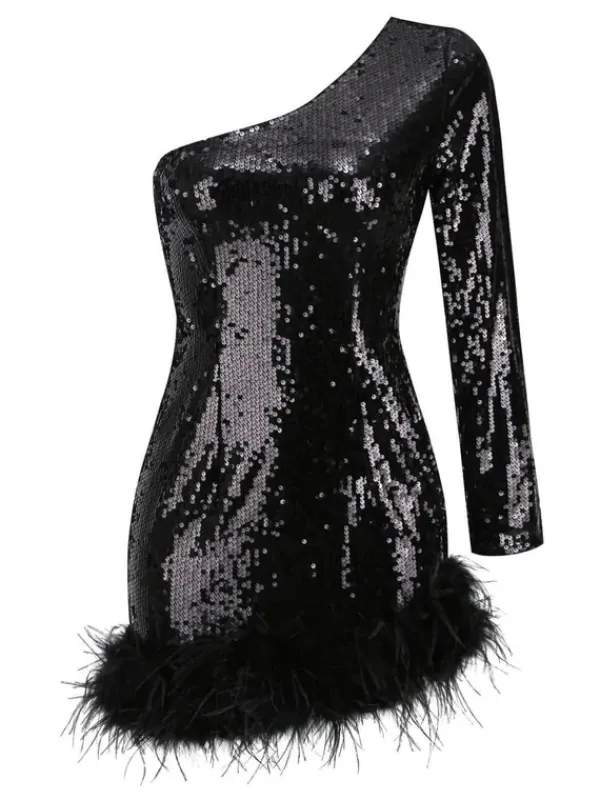 Dresses|Mini Dresses*Mew Mews Fashion Romy One Shoulder Sequin Feather Mini Dress