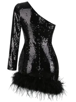 Dresses|Mini Dresses*Mew Mews Fashion Romy One Shoulder Sequin Feather Mini Dress
