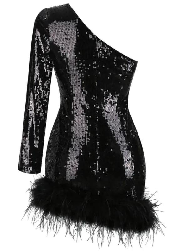 Dresses|Mini Dresses*Mew Mews Fashion Romy One Shoulder Sequin Feather Mini Dress
