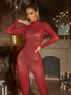 Jumpsuits & Romper*Jiu Bajia O/S Rosalyn Long Sleeve Rhinestone Jumpsuit In Red