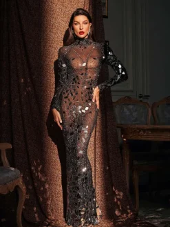 Embellishment|Dresses*Embellishment Rosina Long Sleeve Acrylic Mesh Maxi Dress