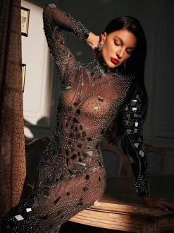 Embellishment|Dresses*Embellishment Rosina Long Sleeve Acrylic Mesh Maxi Dress
