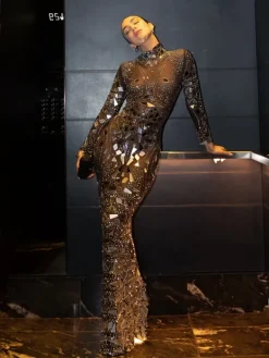 Embellishment|Dresses*Embellishment Rosina Long Sleeve Acrylic Mesh Maxi Dress