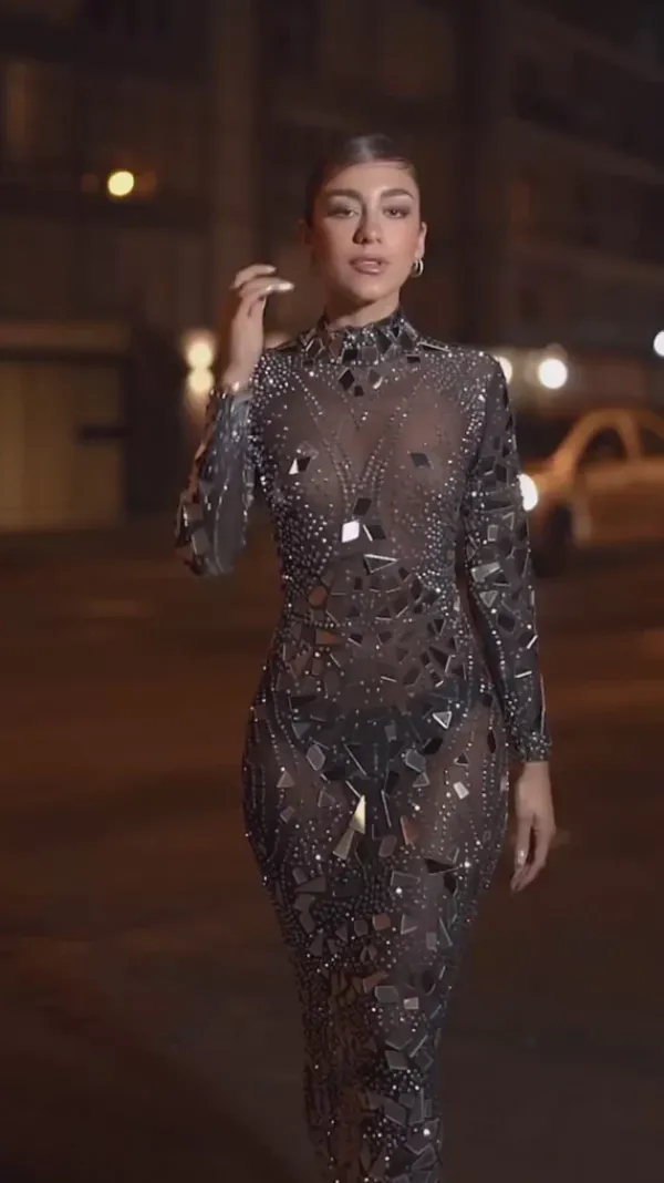 Embellishment|Dresses*Embellishment Rosina Long Sleeve Acrylic Mesh Maxi Dress