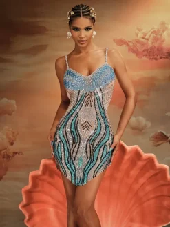 Embellishment|Dresses*Embellishment Roswitha Spaghetti Rhinestone Mini Dress In Blue