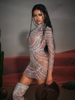 Embellishment|Dresses*Embellishment Ruben Long Sleeve Embellished Mesh Mini Dress