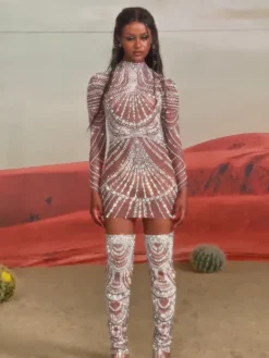 Embellishment|Dresses*Embellishment Ruben Long Sleeve Embellished Mesh Mini Dress