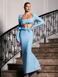 Sets & Co-ords*Bandage Rufus Flower Skirt Set In Blue