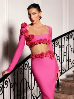 Sets & Co-ords*Bandage Rufus Flower Skirt Set In Hot Pink