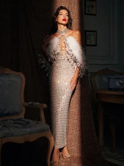 Embellishment|Dresses*Embellishment Russell Halterneck Rhinestone Feather Maxi Dress
