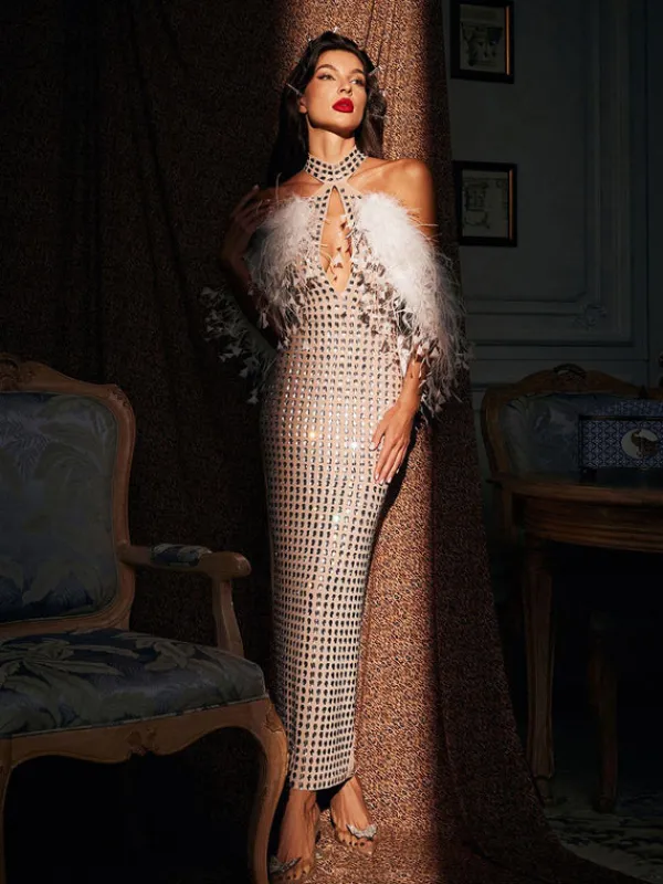 Embellishment|Dresses*Embellishment Russell Halterneck Rhinestone Feather Maxi Dress