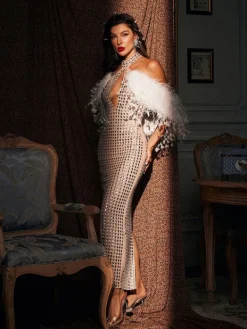 Embellishment|Dresses*Embellishment Russell Halterneck Rhinestone Feather Maxi Dress