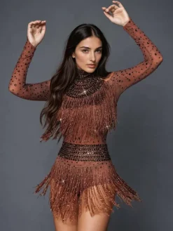 Bodysuits|Tops*Embellishment Safa Rhinestone Glitter Fringe Bodysuit