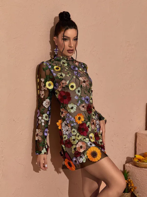 Dresses|Mini Dresses*Mew Mews Fashion Saige Long Sleeve Mesh Flower Mini Dress In Black