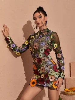 Dresses|Mini Dresses*Mew Mews Fashion Saige Long Sleeve Mesh Flower Mini Dress In Black