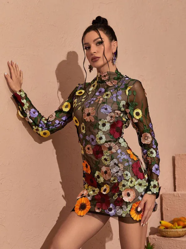 Dresses|Mini Dresses*Mew Mews Fashion Saige Long Sleeve Mesh Flower Mini Dress In Black