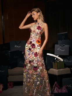 Embellishment|Dresses*Lu Yili Saige Sleeveless Mesh Flower Maxi Dress In Blush