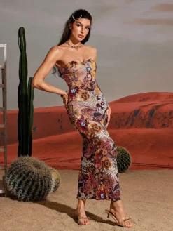 Dresses|Midi Dresses*Mew Mews Fashion Saige Strapless Flower Embroidered Sequin Dress