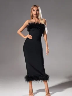 Dresses|Midi Dresses*Bandage Salome Strapless Feather Trimmed Dress In Black