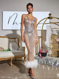 Embellishment|Maxi Dresses*Embellishment O/S Sarita Tulle Trimmed Sequin Maxi Dress
