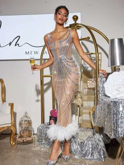 Embellishment|Maxi Dresses*Embellishment O/S Sarita Tulle Trimmed Sequin Maxi Dress