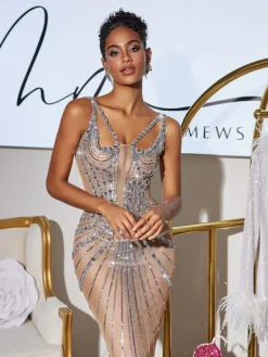 Embellishment|Maxi Dresses*Embellishment O/S Sarita Tulle Trimmed Sequin Maxi Dress